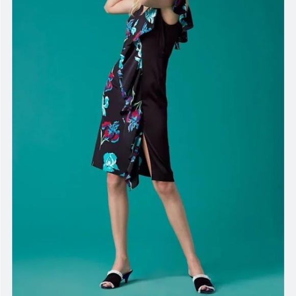 Diane Von Furstenberg Black, Turquoise, Red Floral Ruffle Dress - Picture 8 of 13